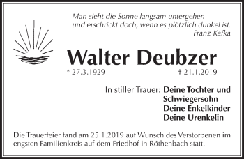 Traueranzeige von Walter Deubzer von Pegnitz-Zeitung