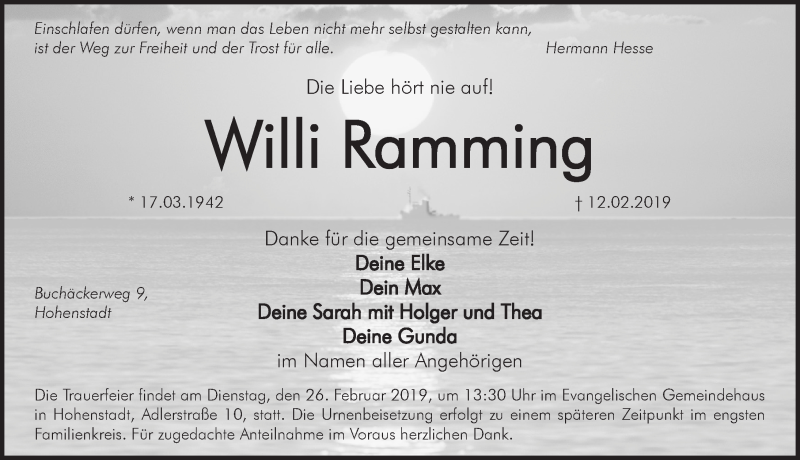  Traueranzeige für Willi Ramming vom 23.02.2019 aus Hersbrucker Zeitung