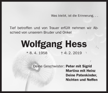 Traueranzeige von Wolfgang Hess von Der Bote