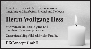 Traueranzeige von Wolfgang Hess von Der Bote