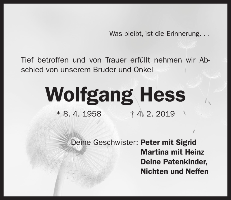  Traueranzeige für Wolfgang Hess vom 23.02.2019 aus Der Bote