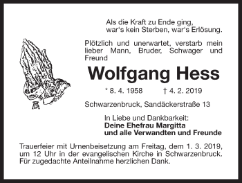 Traueranzeige von Wolfgang Hess von Der Bote