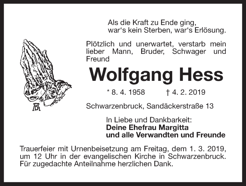  Traueranzeige für Wolfgang Hess vom 28.02.2019 aus Der Bote