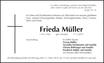 Traueranzeige von Frieda Müller von Pegnitz Zeitung