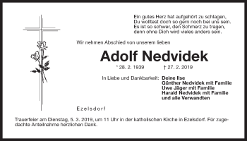 Traueranzeige von Adolf Nedvidek von Der Bote