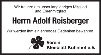 Traueranzeige von Adolf Reisberger von Pegnitz-Zeitung