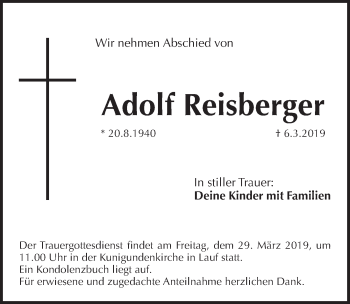 Traueranzeige von Adolf Reisberger von Pegnitz-Zeitung