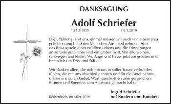 Traueranzeige von Adolf Schriefer von Pegnitz-Zeitung