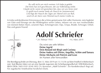 Traueranzeige von Adolf Schriefer von Pegnitz-Zeitung
