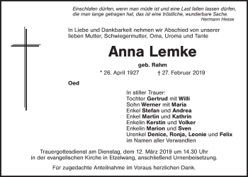 Traueranzeige von Anna Lemke von Hersbrucker Zeitung