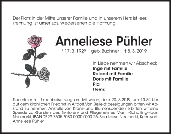 Traueranzeige von Anneliese Pühler von Der Bote