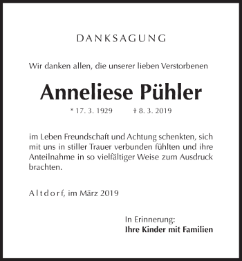 Traueranzeige von Anneliese Pühler von Der Bote