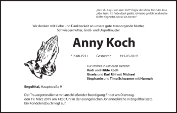 Traueranzeige von Anny Koch von Hersbrucker Zeitung