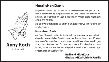 Traueranzeige von Anny Koch von Hersbrucker Zeitung