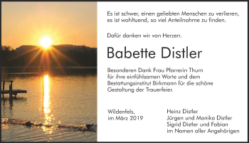 Traueranzeige von Babette Distler von Pegnitz-Zeitung