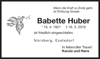 Traueranzeige von Babette Huber von Der Bote