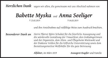 Traueranzeige von Babette und Anna Myska und Seeliger von Hersbrucker Zeitung