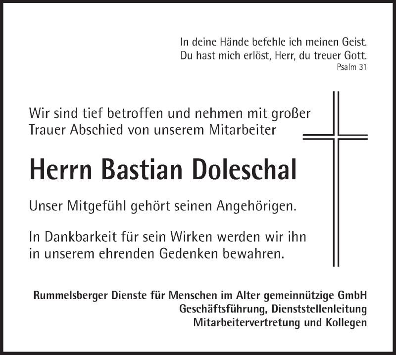  Traueranzeige für Bastian Doleschal vom 02.03.2019 aus Der Bote