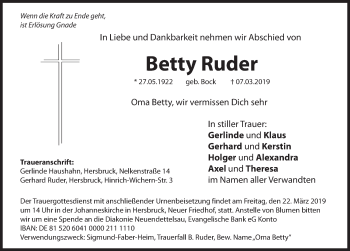 Traueranzeige von Betty Ruder von Hersbrucker Zeitung