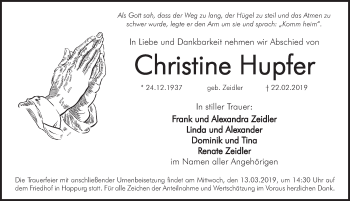 Traueranzeige von Christine Hupfer von Hersbrucker Zeitung