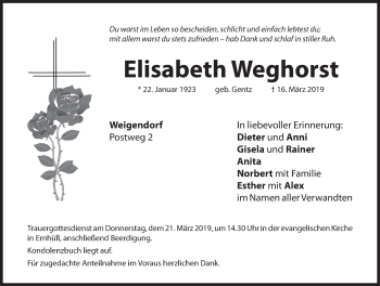 Traueranzeige von Elisabeth Weghorst von Hersbrucker Zeitung