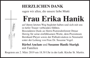 Traueranzeige von Erika Hanik von Pegnitz-Zeitung