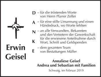 Traueranzeige von Erwin Geisel von Pegnitz-Zeitung