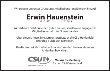 Traueranzeige von Erwin Hauenstein von Hersbrucker Zeitung