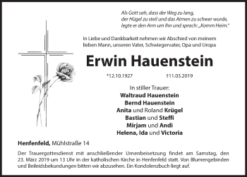 Traueranzeige von Erwin Hauenstein von Hersbrucker Zeitung