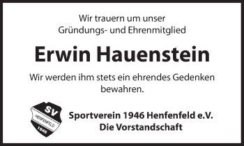 Traueranzeige von Erwin Hauenstein von Hersbrucker Zeitung
