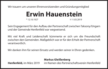 Traueranzeige von Erwin Hauenstein von Hersbrucker Zeitung