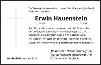 Traueranzeige von Erwin Hauenstein von Hersbrucker Zeitung