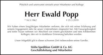 Traueranzeige von Ewald Popp von Pegnitz-Zeitung