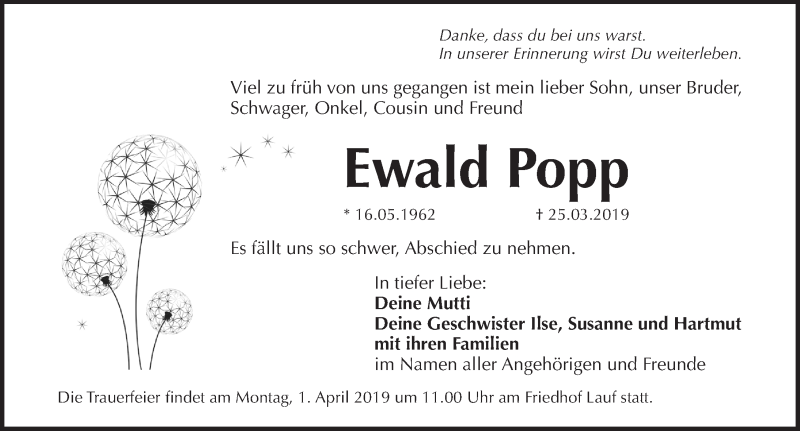  Traueranzeige für Ewald Popp vom 30.03.2019 aus Pegnitz-Zeitung