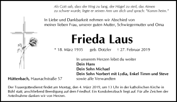 Traueranzeige von Frieda Laus von Pegnitz-Zeitung