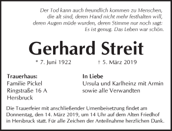 Traueranzeige von Gerhard Streit von Hersbrucker Zeitung