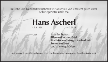Traueranzeige von Hans Ascherl von Pegnitz-Zeitung