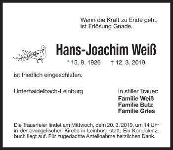 Traueranzeige von Hans-Joachim Weiß von Pegnitz-Zeitung