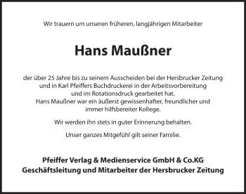 Traueranzeige von Hans Maußner von Hersbrucker Zeitung