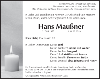 Traueranzeige von Hans Maußner von Hersbrucker Zeitung
