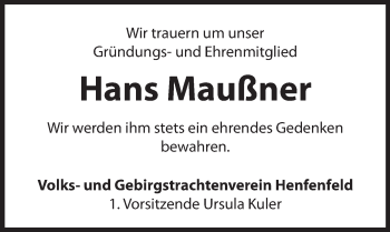 Traueranzeige von Hans Maußner von Hersbrucker Zeitung
