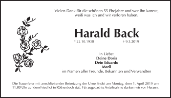 Traueranzeige von Harald Back von Pegnitz-Zeitung