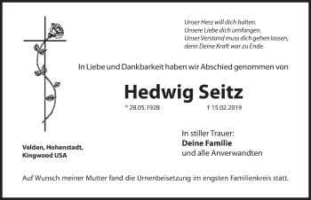 Traueranzeige von Hedwig Seitz von Hersbrucker Zeitung