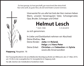Traueranzeige von Helmut Lesch von Hersbrucker Zeitung