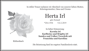Traueranzeige von Herta Irl von Pegnitz-Zeitung