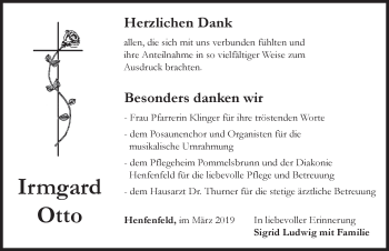 Traueranzeige von Irmgard Otto von Hersbrucker Zeitung