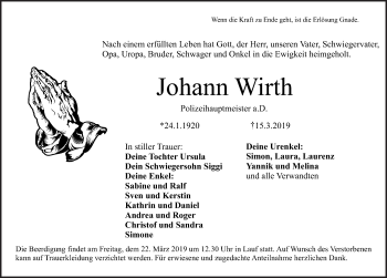 Traueranzeige von Johann Wirth von Pegnitz-Zeitung