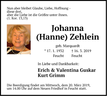 Traueranzeige von Johanna Zehlein von Der Bote