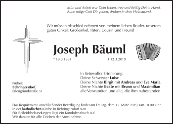 Traueranzeige von Joseph Bäuml von Pegnitz-Zeitung