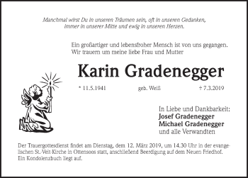 Traueranzeige von Karin Gradenegger von Pegnitz-Zeitung